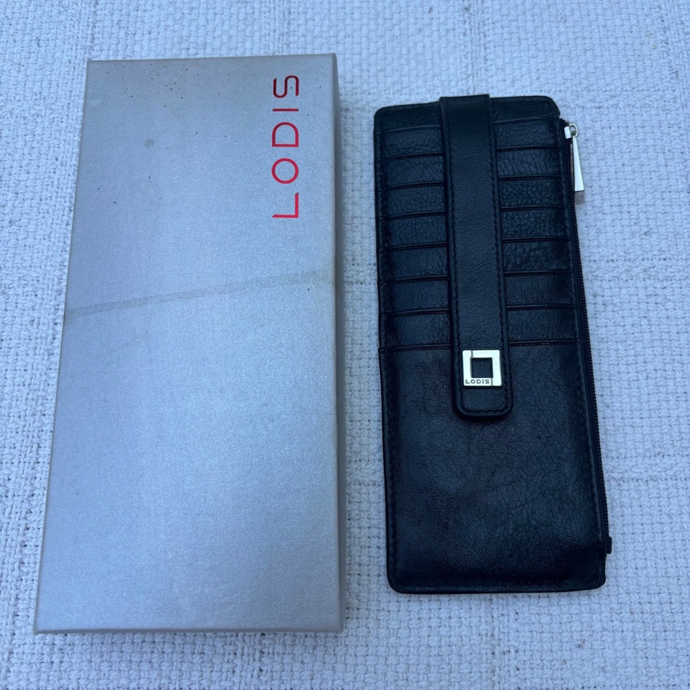 LODIS Julia Black Leather Long Stacker Slim Wallet Compact Card Case NEW